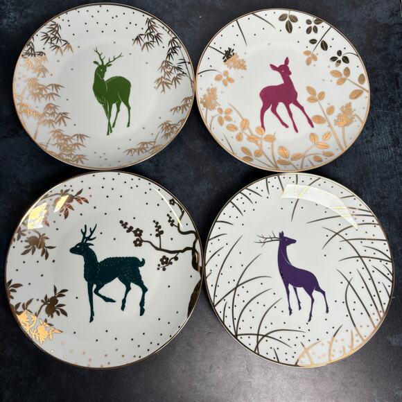 The Met Museum NYC Asian Woodlands Deer Gold Accents Appetizer Plates Set of 4 - Picture 1 of 6